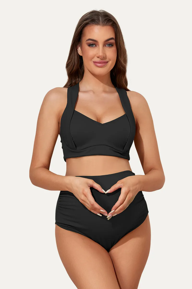 Two Piece Maternity Suit With Ruched Front And Criss-Cross Tie Back Black