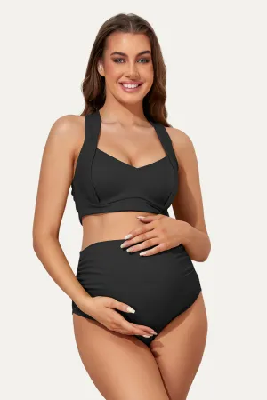 Two Piece Maternity Suit With Ruched Front And Criss-Cross Tie Back Black