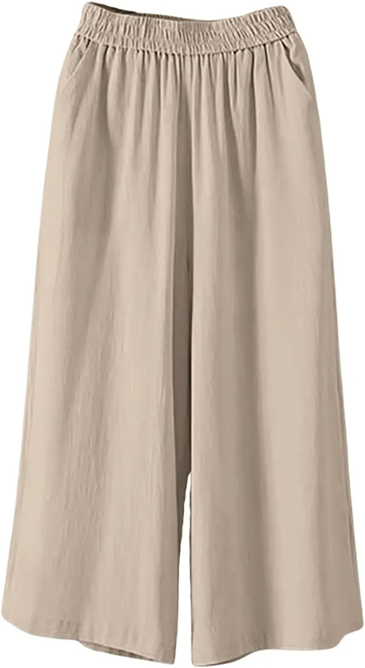 Ultra Wide Leg Linen Pants Casual Baggy Elastic Waist Cropped Pants Summer Boho Palazzo Trousers with Pockets