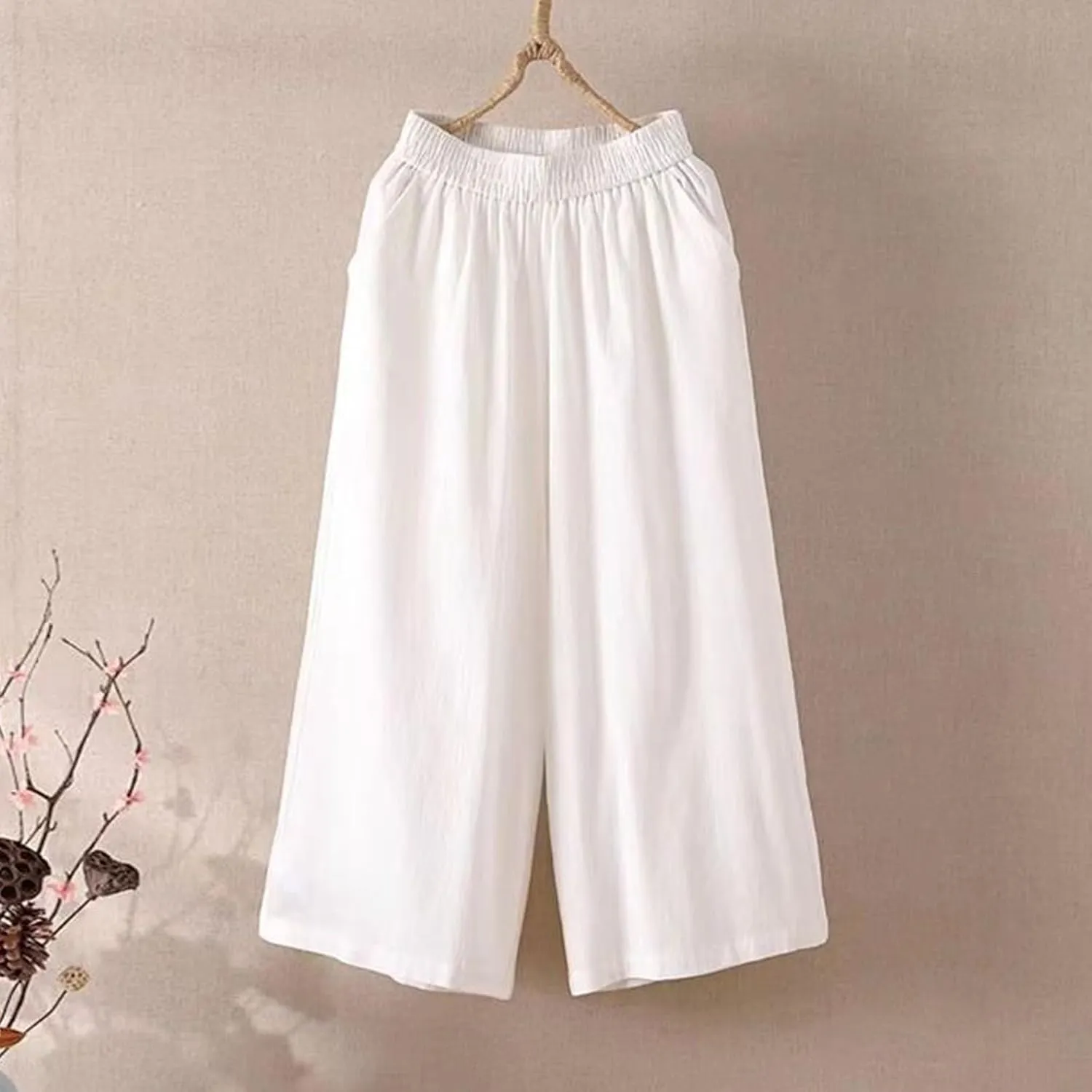 Ultra Wide Leg Linen Pants Casual Baggy Elastic Waist Cropped Pants Summer Boho Palazzo Trousers with Pockets