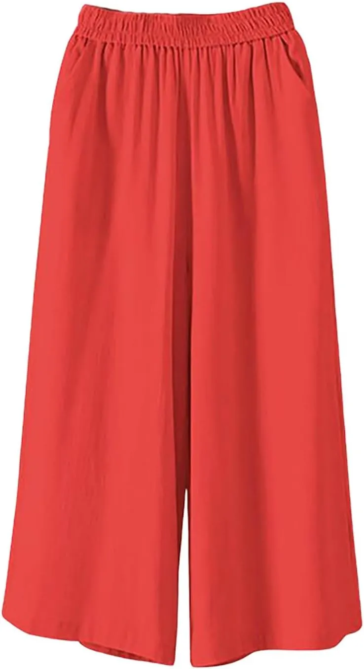 Ultra Wide Leg Linen Pants Casual Baggy Elastic Waist Cropped Pants Summer Boho Palazzo Trousers with Pockets