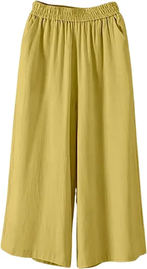 Ultra Wide Leg Linen Pants Casual Baggy Elastic Waist Cropped Pants Summer Boho Palazzo Trousers with Pockets