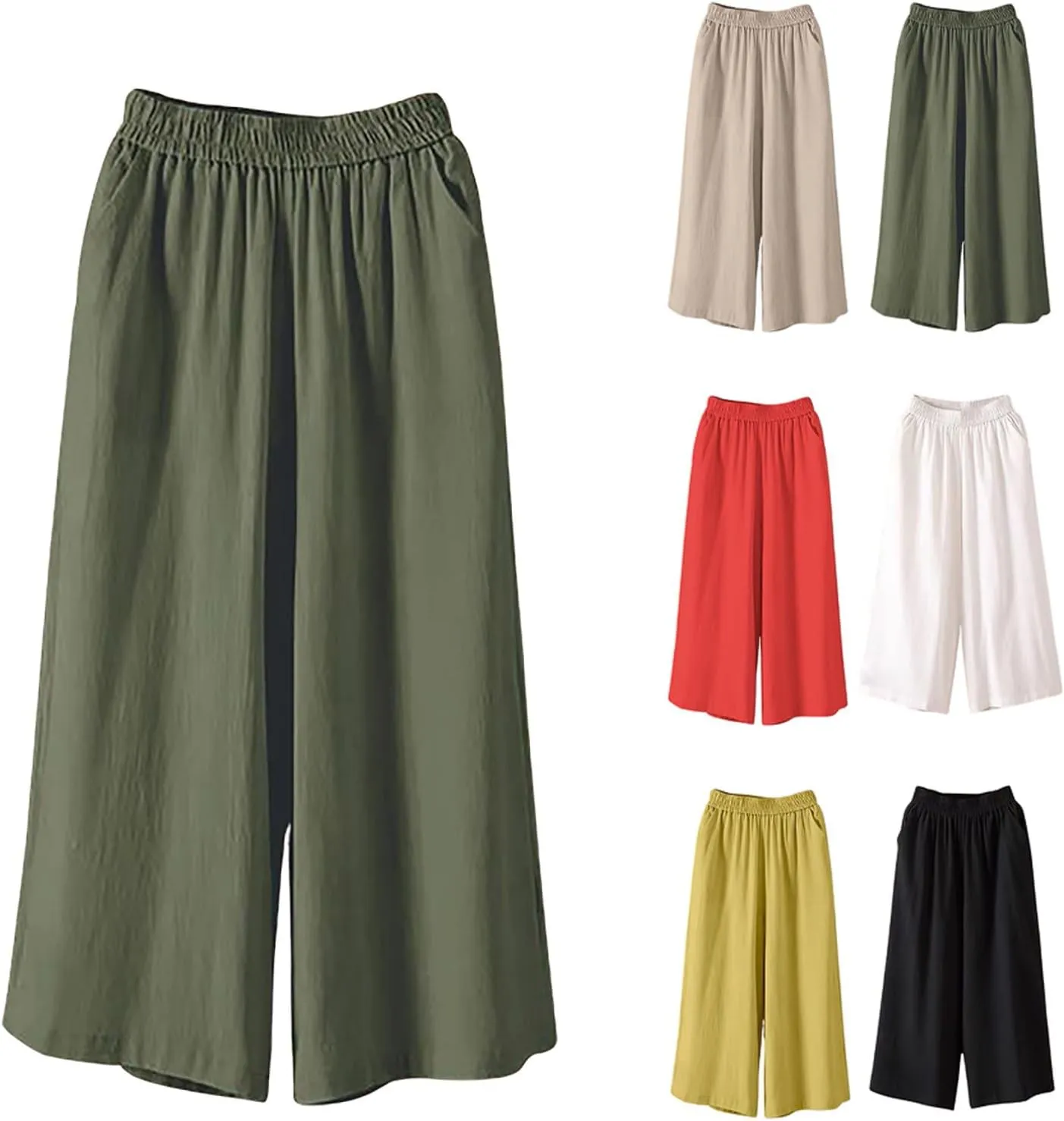 Ultra Wide Leg Linen Pants Casual Baggy Elastic Waist Cropped Pants Summer Boho Palazzo Trousers with Pockets