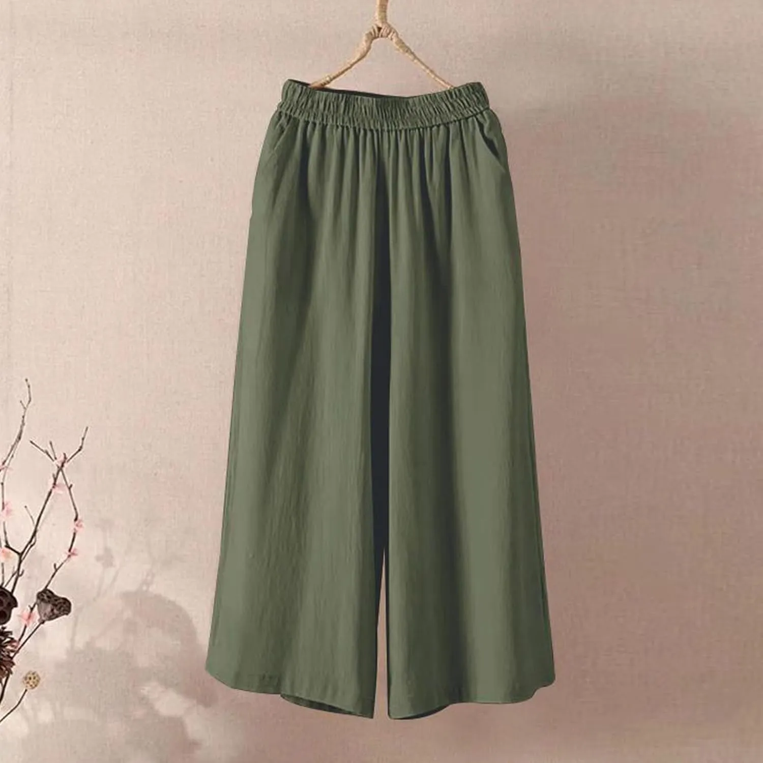 Ultra Wide Leg Linen Pants Casual Baggy Elastic Waist Cropped Pants Summer Boho Palazzo Trousers with Pockets