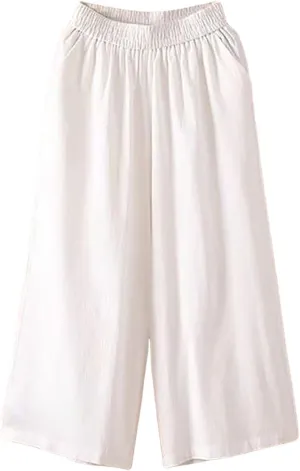 Ultra Wide Leg Linen Pants Casual Baggy Elastic Waist Cropped Pants Summer Boho Palazzo Trousers with Pockets