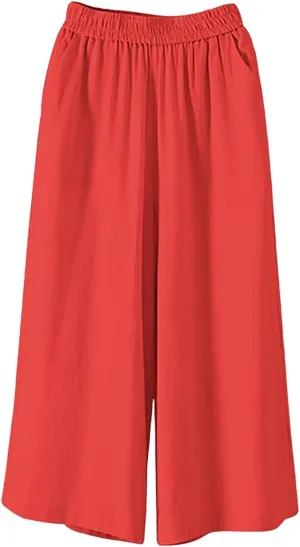 Ultra Wide Leg Linen Pants Casual Baggy Elastic Waist Cropped Pants Summer Boho Palazzo Trousers with Pockets