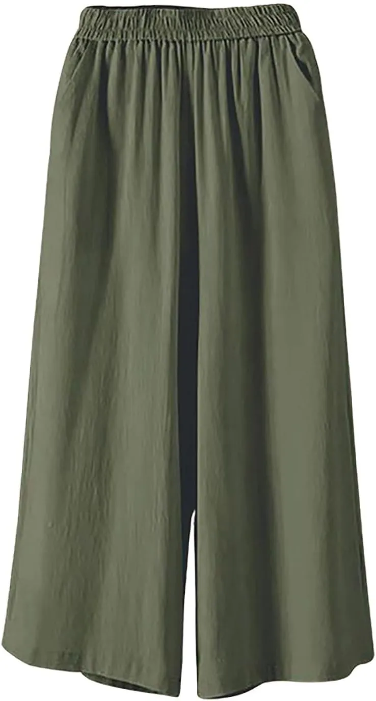 Ultra Wide Leg Linen Pants Casual Baggy Elastic Waist Cropped Pants Summer Boho Palazzo Trousers with Pockets