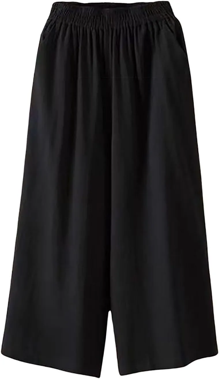 Ultra Wide Leg Linen Pants Casual Baggy Elastic Waist Cropped Pants Summer Boho Palazzo Trousers with Pockets