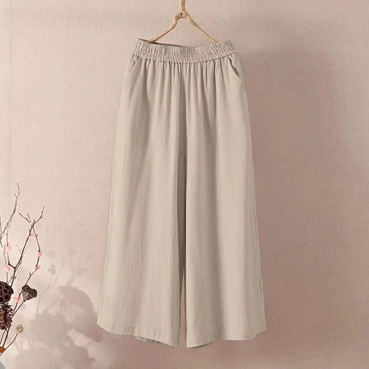 Ultra Wide Leg Linen Pants Casual Baggy Elastic Waist Cropped Pants Summer Boho Palazzo Trousers with Pockets