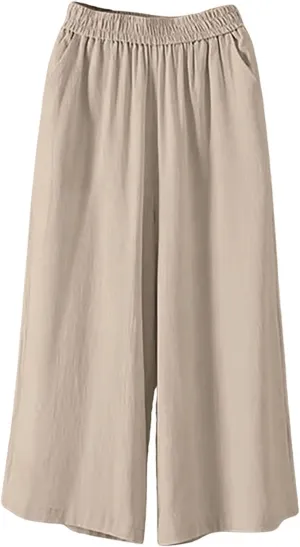 Ultra Wide Leg Linen Pants Casual Baggy Elastic Waist Cropped Pants Summer Boho Palazzo Trousers with Pockets