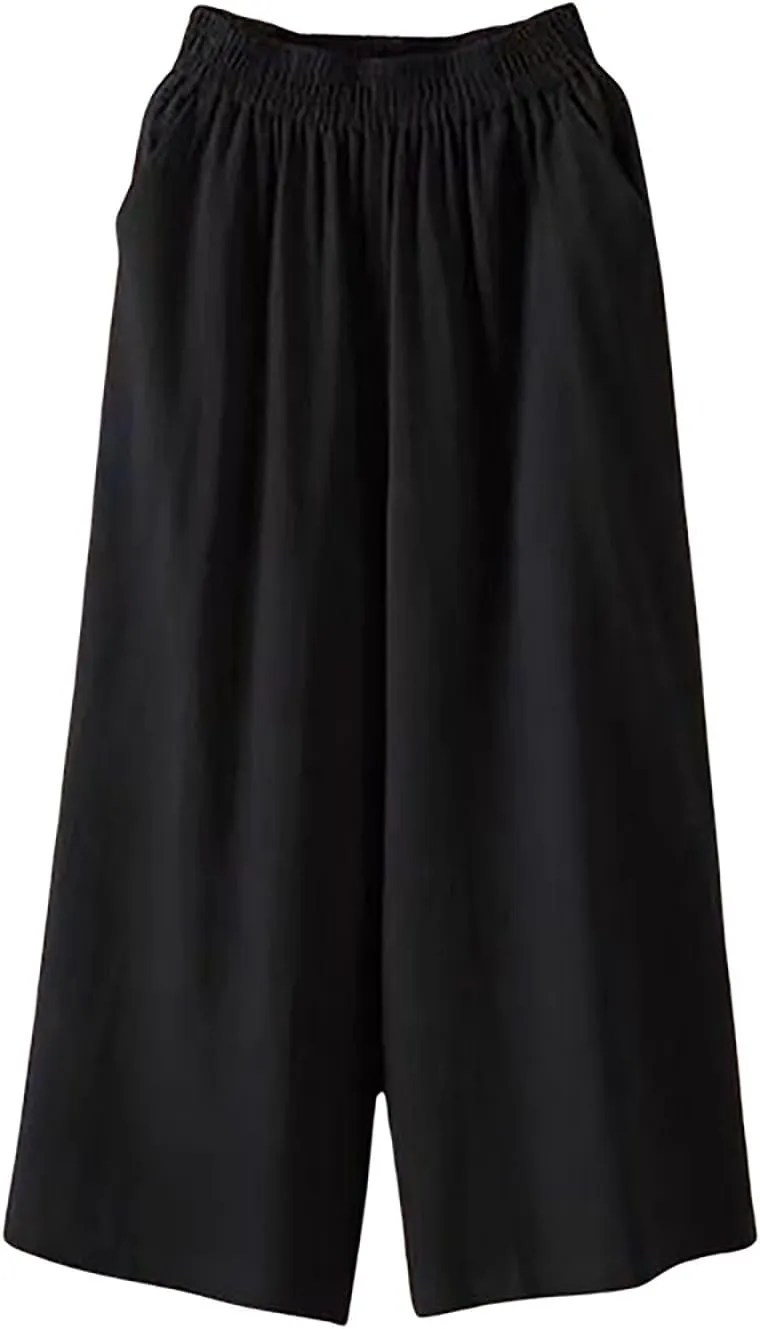 Ultra Wide Leg Linen Pants Casual Baggy Elastic Waist Cropped Pants Summer Boho Palazzo Trousers with Pockets