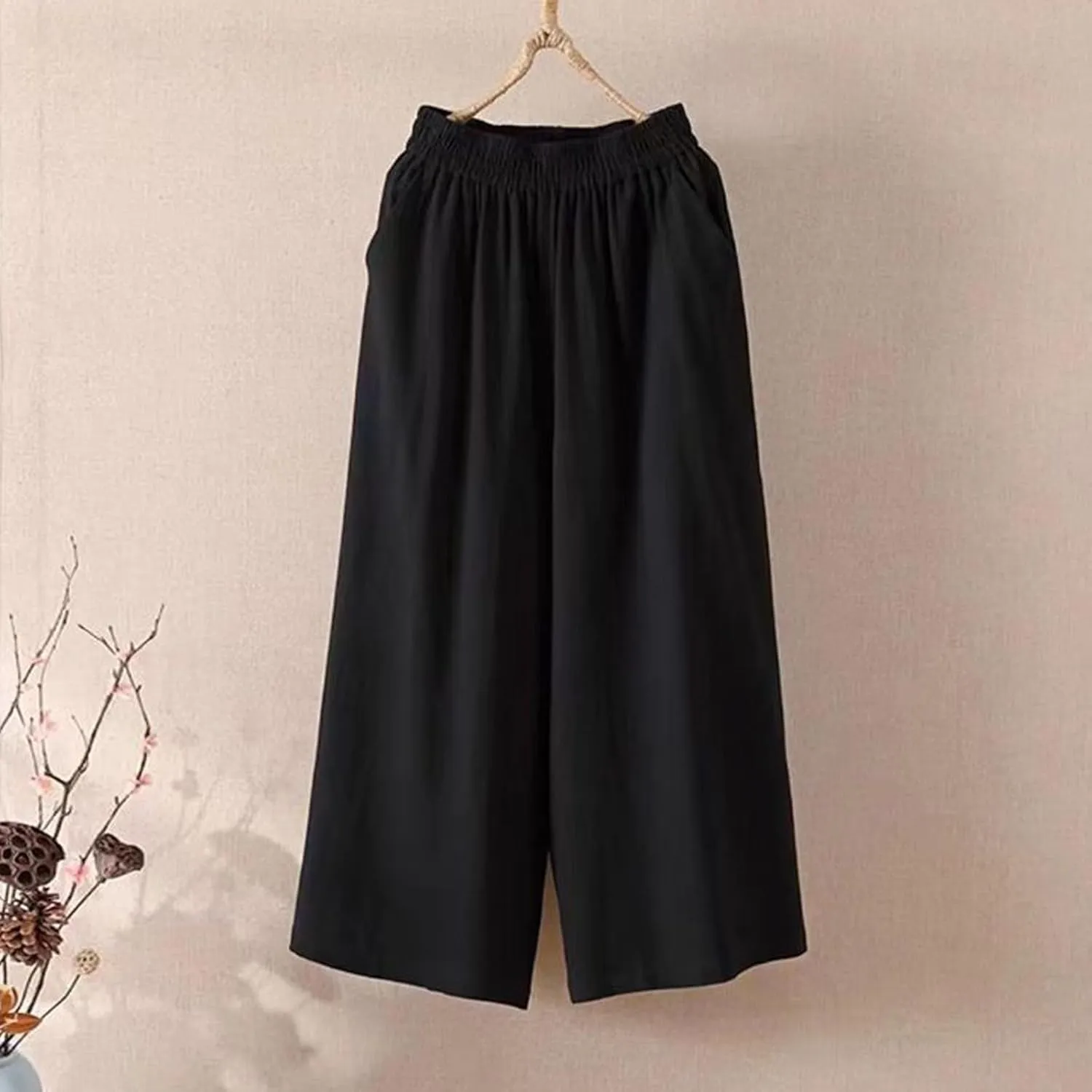Ultra Wide Leg Linen Pants Casual Baggy Elastic Waist Cropped Pants Summer Boho Palazzo Trousers with Pockets