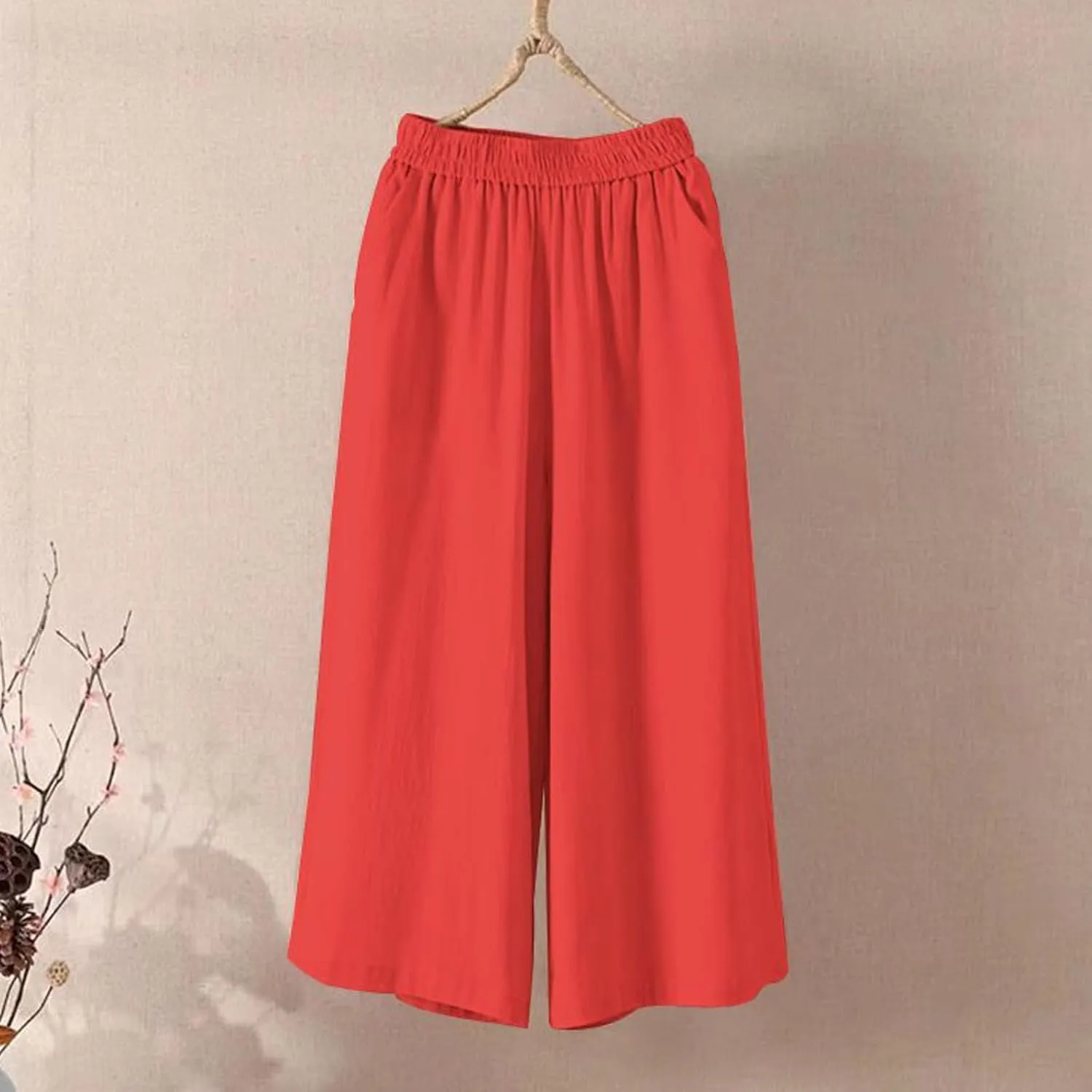 Ultra Wide Leg Linen Pants Casual Baggy Elastic Waist Cropped Pants Summer Boho Palazzo Trousers with Pockets