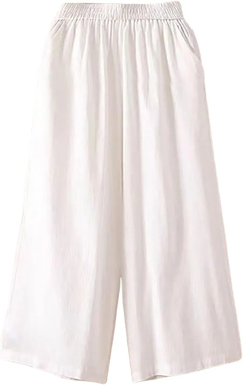 Ultra Wide Leg Linen Pants Casual Baggy Elastic Waist Cropped Pants Summer Boho Palazzo Trousers with Pockets