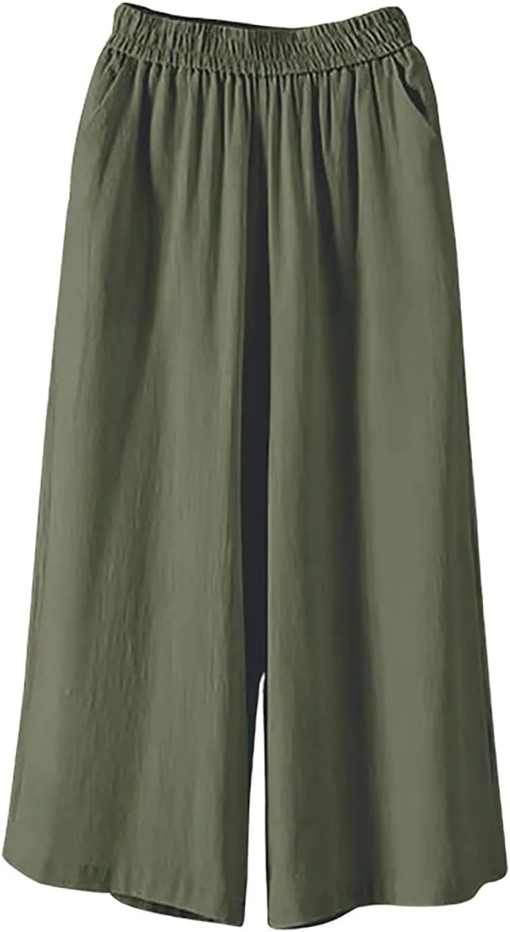 Ultra Wide Leg Linen Pants Casual Baggy Elastic Waist Cropped Pants Summer Boho Palazzo Trousers with Pockets