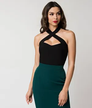 Unique Vintage Black Stretch Rita Criss Cross Halter Top