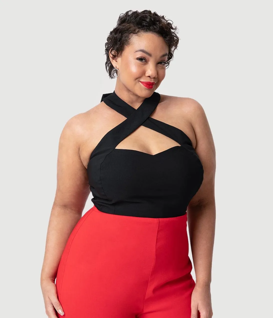 Unique Vintage Plus Size Black Stretch Rita Criss Cross Halter Top