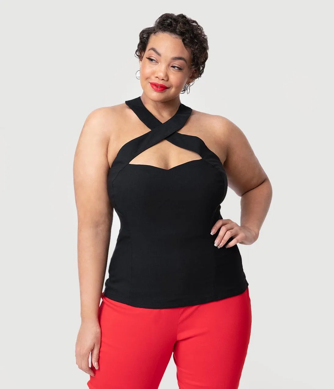 Unique Vintage Plus Size Black Stretch Rita Criss Cross Halter Top