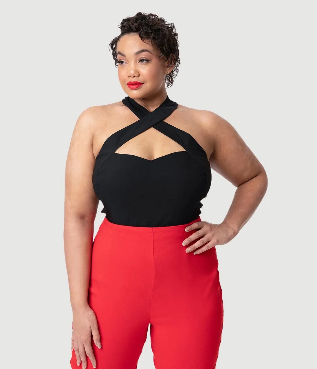 Unique Vintage Plus Size Black Stretch Rita Criss Cross Halter Top