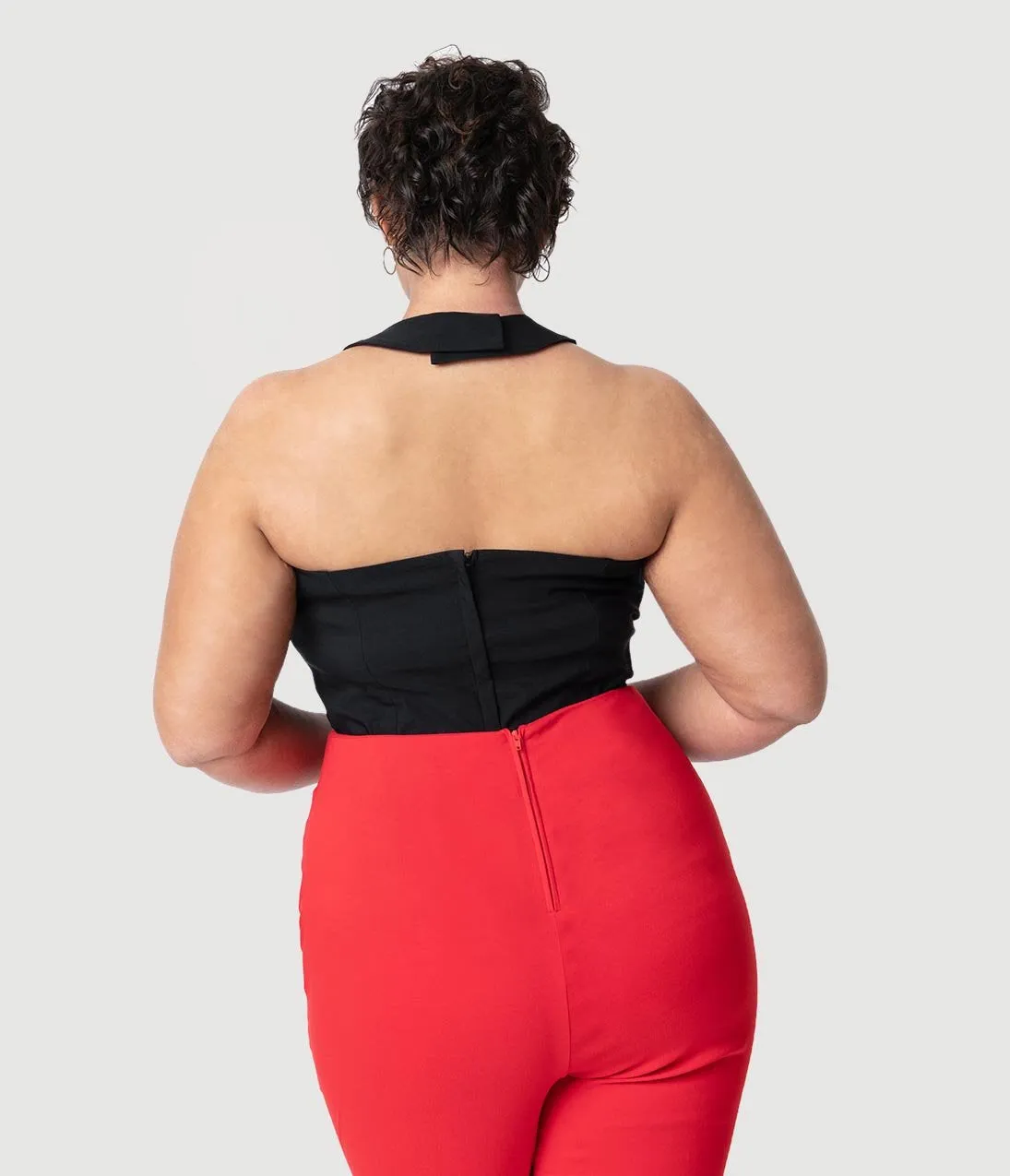 Unique Vintage Plus Size Black Stretch Rita Criss Cross Halter Top