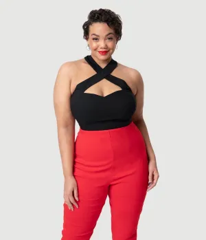Unique Vintage Plus Size Black Stretch Rita Criss Cross Halter Top