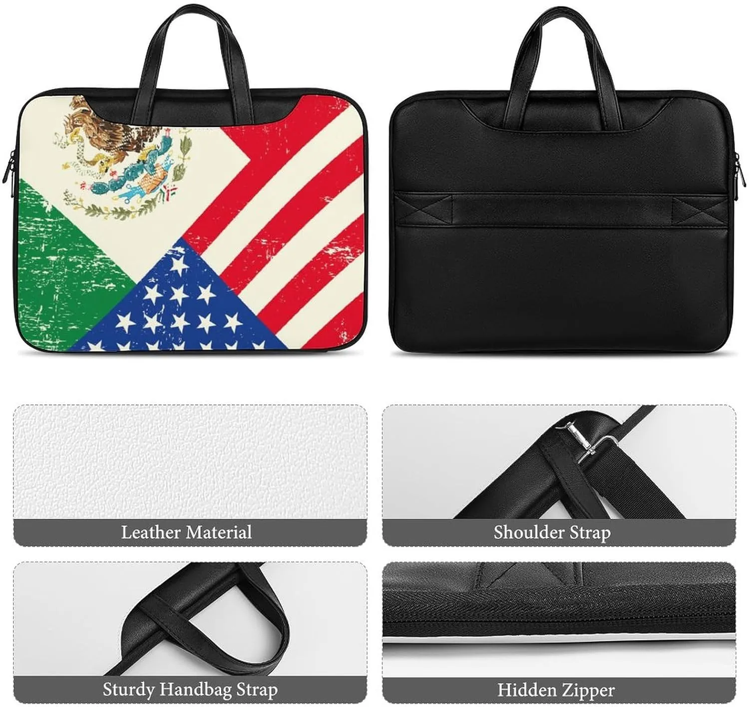 U.S.A Mexico Flag Leather Bag Laptop Case Slim Water Resistant Computer Bags with Handle Briefcase for Work