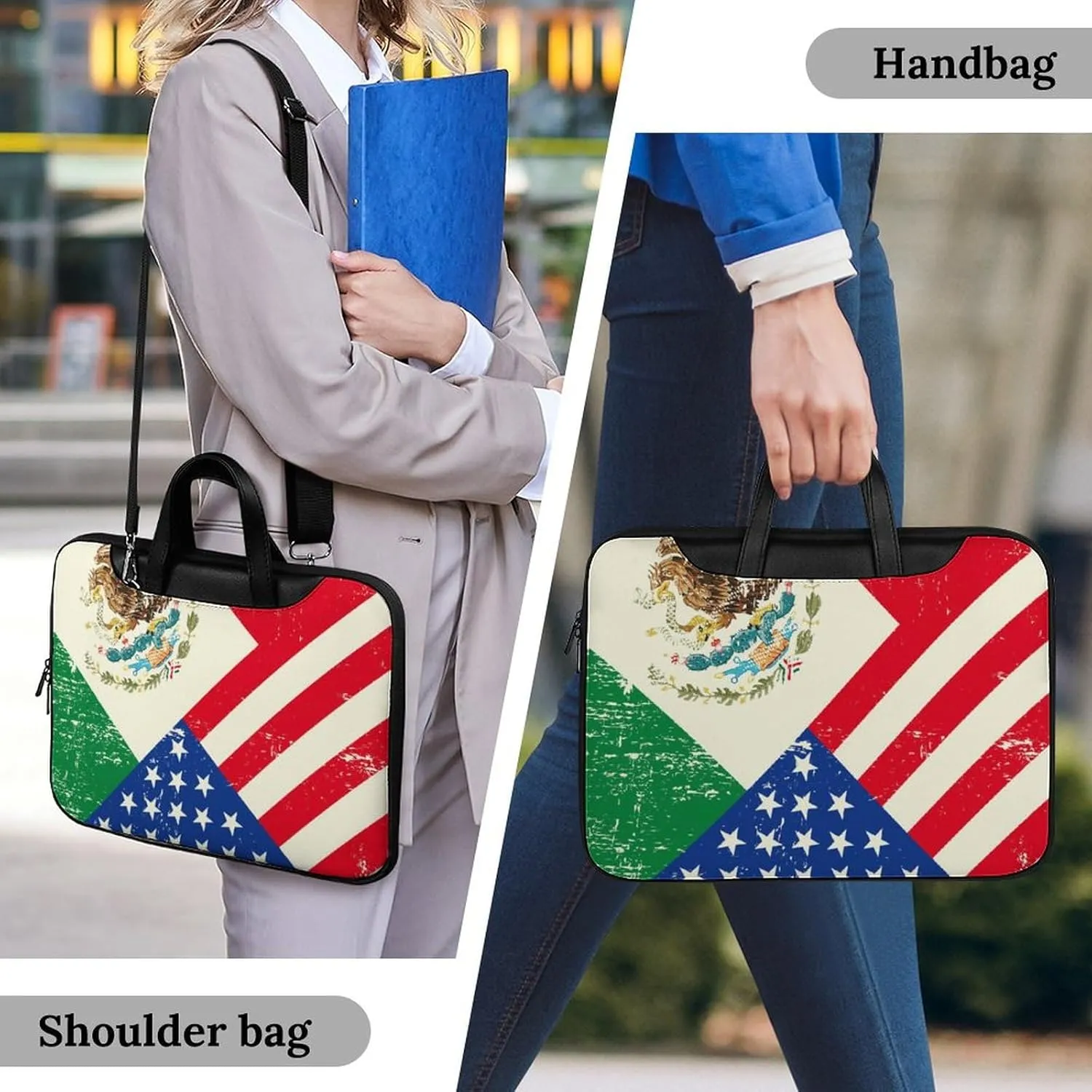 U.S.A Mexico Flag Leather Bag Laptop Case Slim Water Resistant Computer Bags with Handle Briefcase for Work