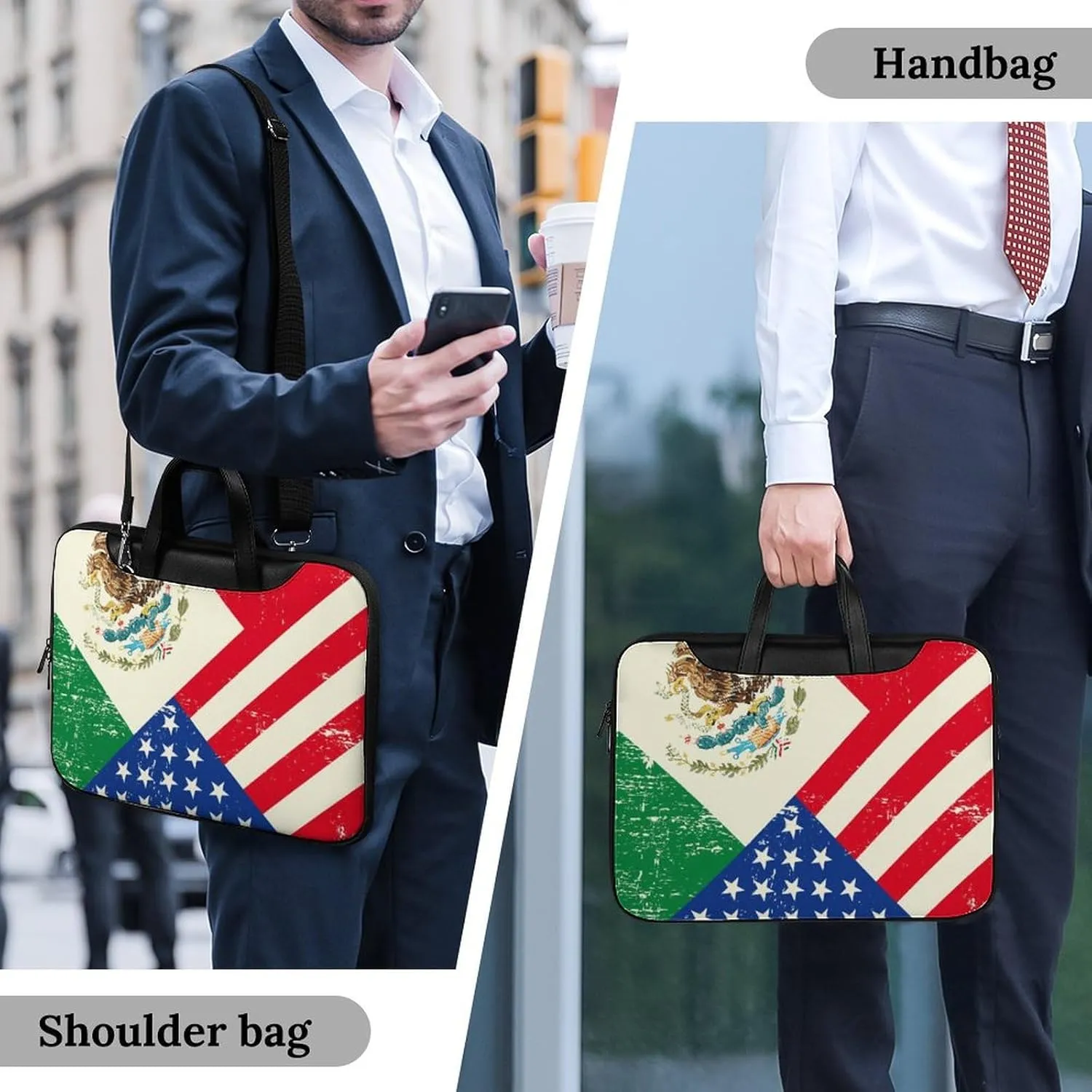 U.S.A Mexico Flag Leather Bag Laptop Case Slim Water Resistant Computer Bags with Handle Briefcase for Work