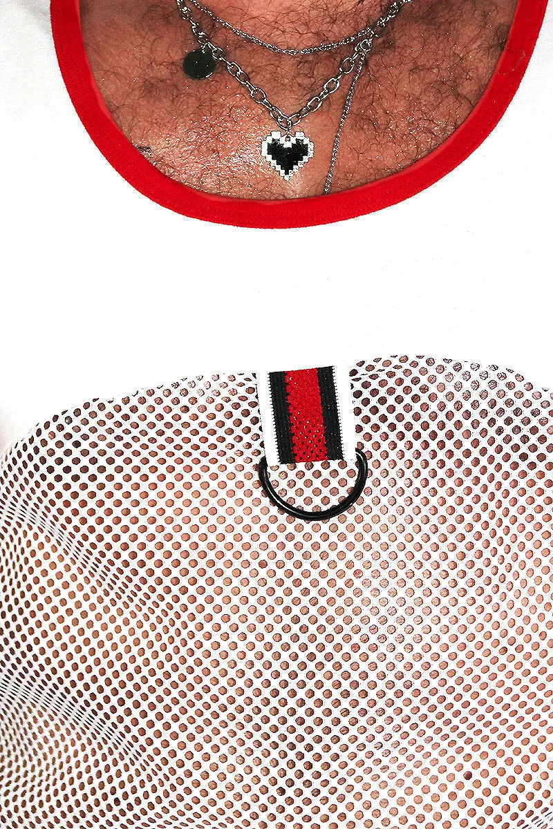 Utility Mesh Red Harness Racerback Tank- White