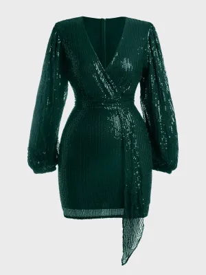 V-Neck Lantern Sleeved Sequined Mini Dress