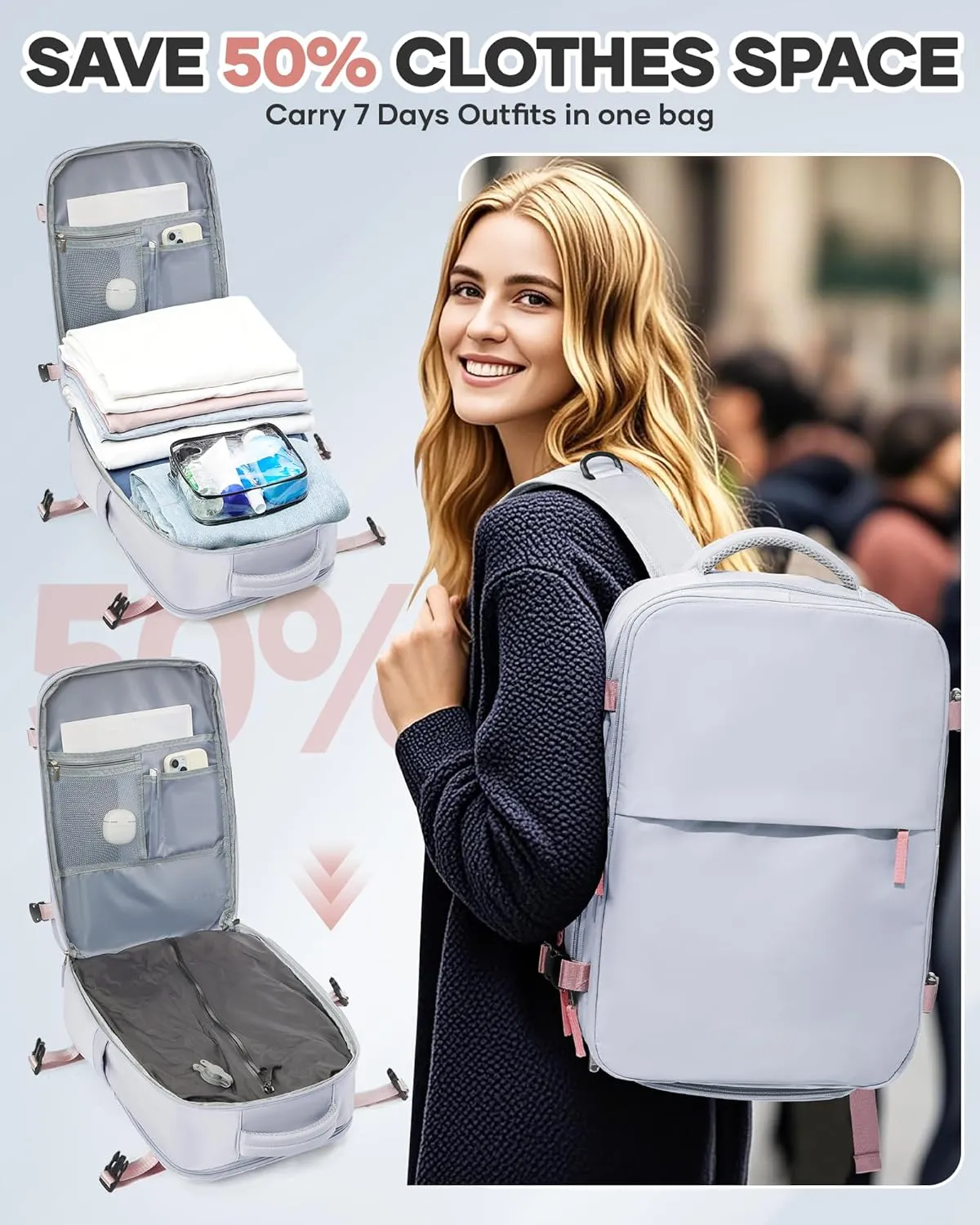Vacuum Seal Travel Backpack with Air Pump,Compression Vacpack Waterproof Airback Carry On Backpack for Travel Women Men with Vacuum System,Airlines Approved Daypack Laptop Space Saver Bags,Grey