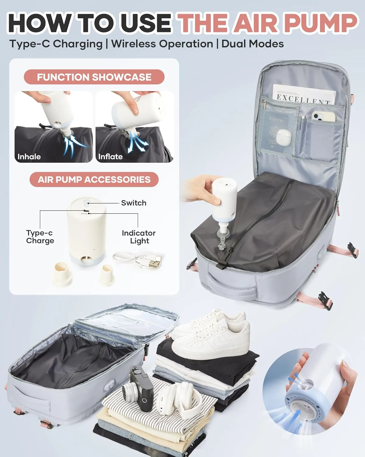 Vacuum Seal Travel Backpack with Air Pump,Compression Vacpack Waterproof Airback Carry On Backpack for Travel Women Men with Vacuum System,Airlines Approved Daypack Laptop Space Saver Bags,Grey