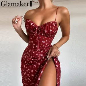 VenusFox Glamaker Floral print sexy bodycon high split dress Women 2020 new sleeveless short dress Party club elegant backless vestidos