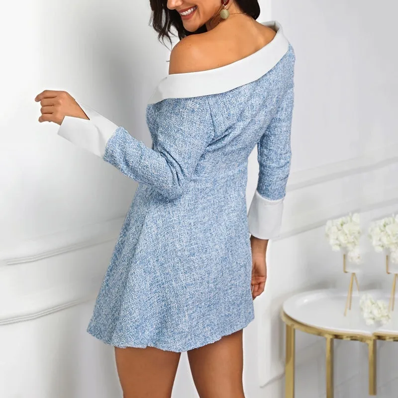 VenusFox Women Casual One Shoulder Striped Suit Sexy A-line Short Dress