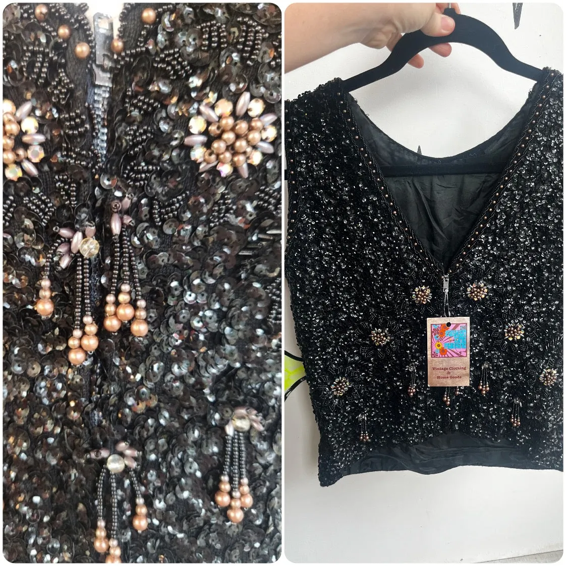 Vintage 50s 60s | Heavily Beaded Sequin Flapper Blouse Wool Black Top | M