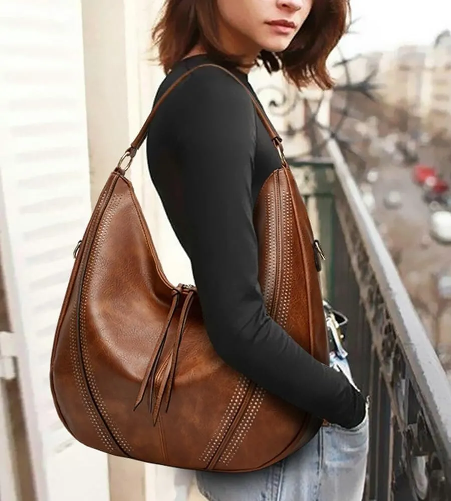 Vintage Vegan Leather Large Crossbody Shoulder Handbags for Women Purse Wallet Set with Casual Totes Hobo Bag Purses