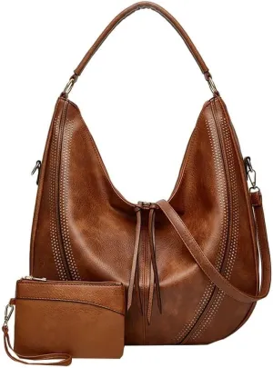 Vintage Vegan Leather Large Crossbody Shoulder Handbags for Women Purse Wallet Set with Casual Totes Hobo Bag Purses