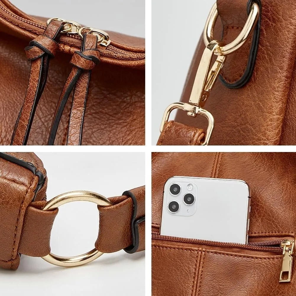 Vintage Vegan Leather Large Crossbody Shoulder Handbags for Women Purse Wallet Set with Casual Totes Hobo Bag Purses