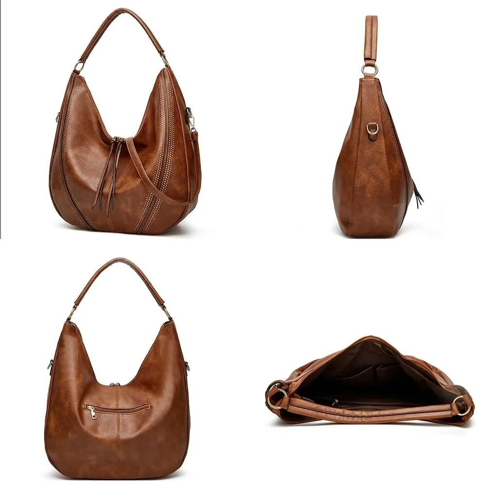 Vintage Vegan Leather Large Crossbody Shoulder Handbags for Women Purse Wallet Set with Casual Totes Hobo Bag Purses