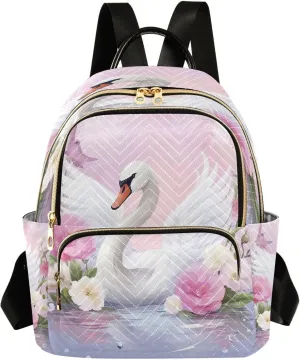 Watercolor Swan Flower Pink Mini Backpack for Women Small Backpack Purse for Girls Quilted Daypack for Work Travel Daily Laptop Fashion Back Pack Shoulder Purses Bags for Teens College Bookbag