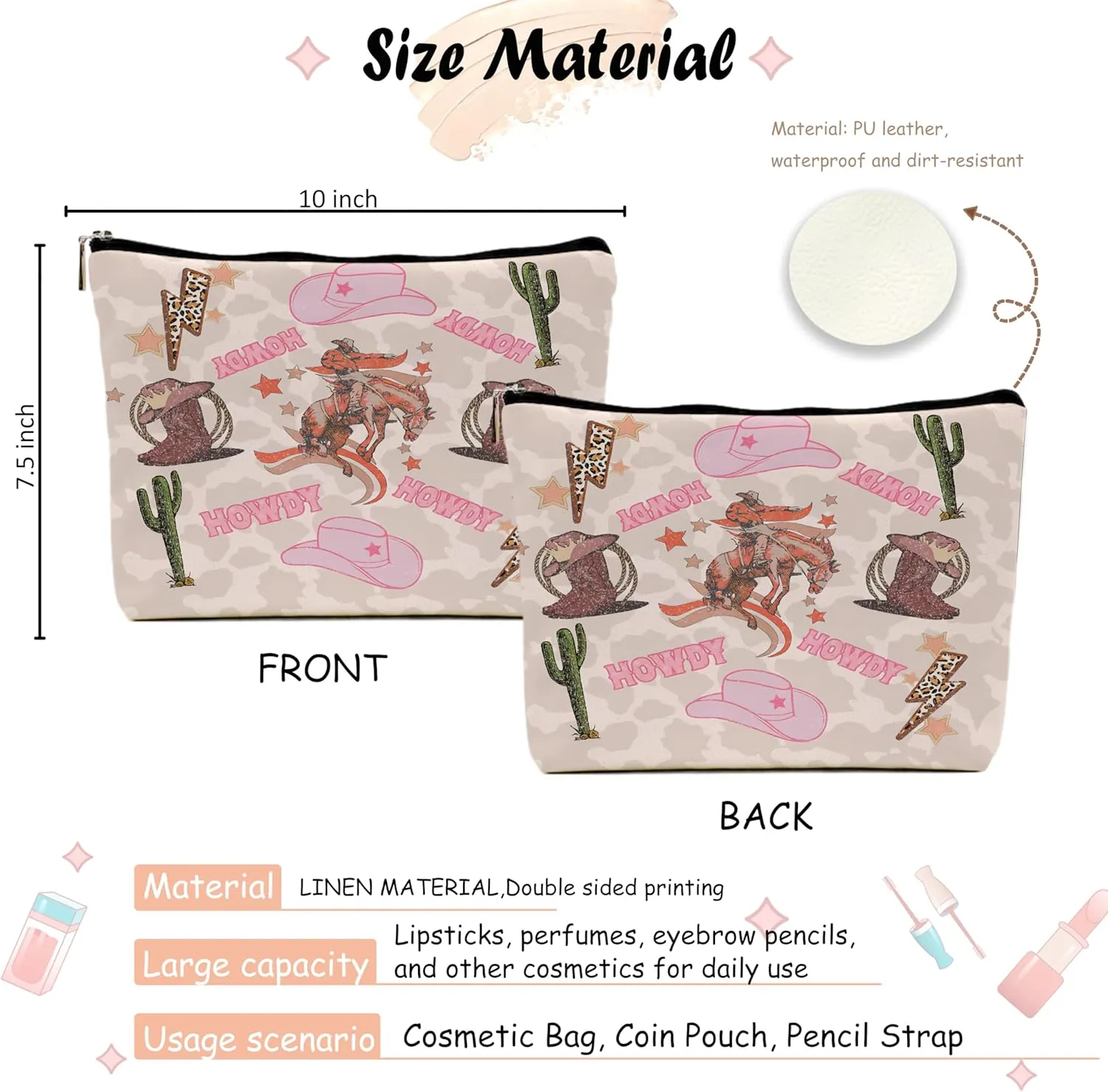 Western Makeup Bag, Hot Pink Makeup Bag,Make Up Bag,Teen Girls Gift,Cowgirl Gifts Western Gifts,Horse Rider Gifts,(Pu Leather Makeup Bag), pink(pu)A