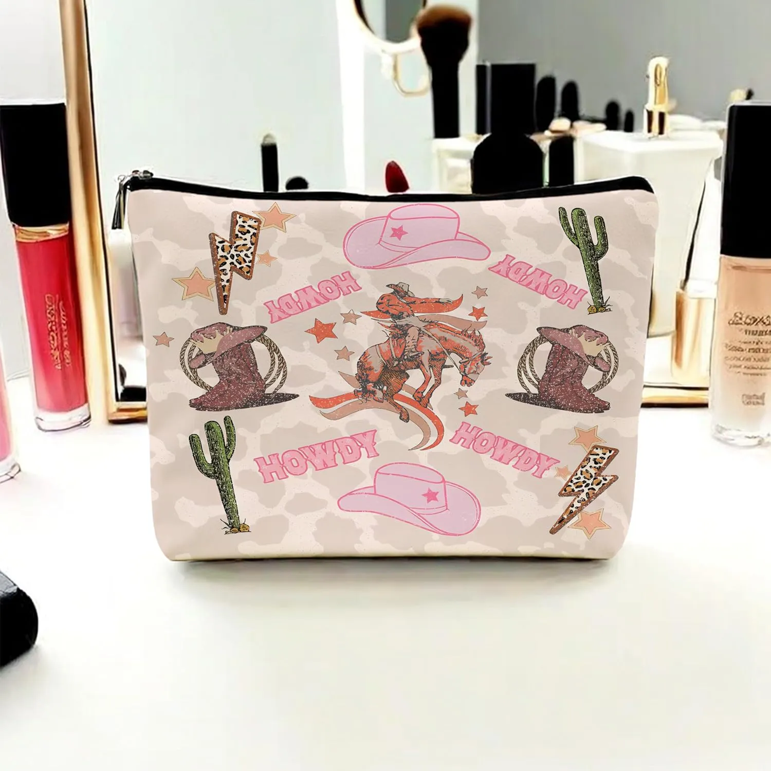 Western Makeup Bag, Hot Pink Makeup Bag,Make Up Bag,Teen Girls Gift,Cowgirl Gifts Western Gifts,Horse Rider Gifts,(Pu Leather Makeup Bag), pink(pu)A