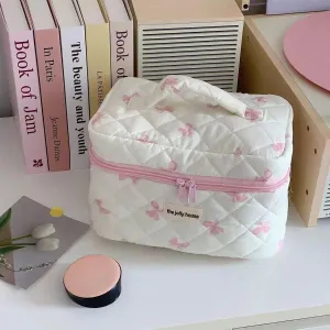 Women Cute Coquette Cosmetic Bag Quilted Bow Tie Cosmetics Pouch Fairycore Puffy Makeup Bag Preppy Zipper Pouch (L,Pink)