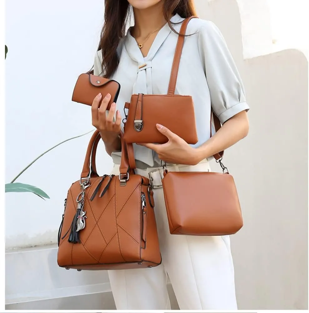 Women Handbags Purses Set 4pcs Leather Shoulder Top Handle Satchels with Pendant (Pink)