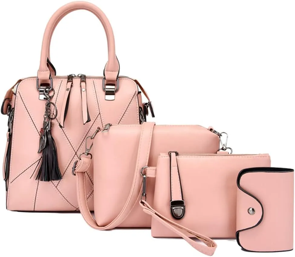 Women Handbags Purses Set 4pcs Leather Shoulder Top Handle Satchels with Pendant (Pink)
