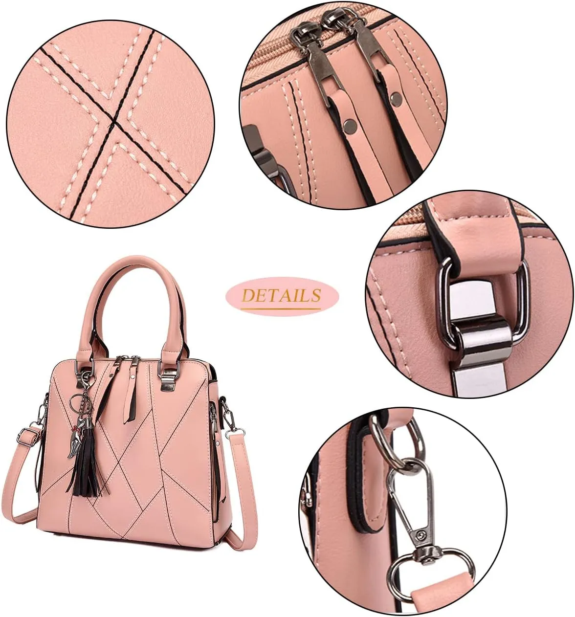 Women Handbags Purses Set 4pcs Leather Shoulder Top Handle Satchels with Pendant (Pink)