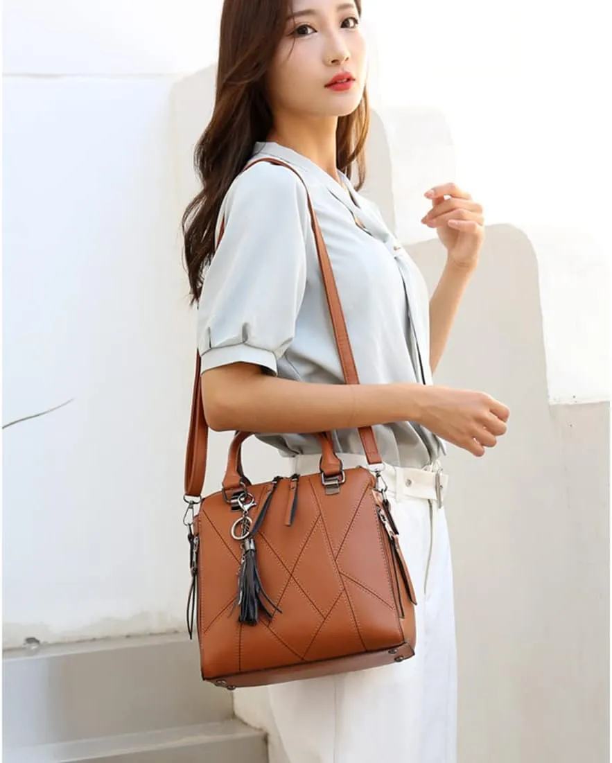 Women Handbags Purses Set 4pcs Leather Shoulder Top Handle Satchels with Pendant (Pink)