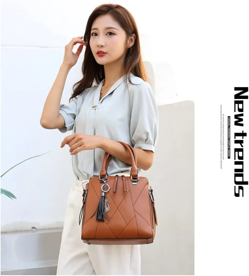 Women Handbags Purses Set 4pcs Leather Shoulder Top Handle Satchels with Pendant (Pink)