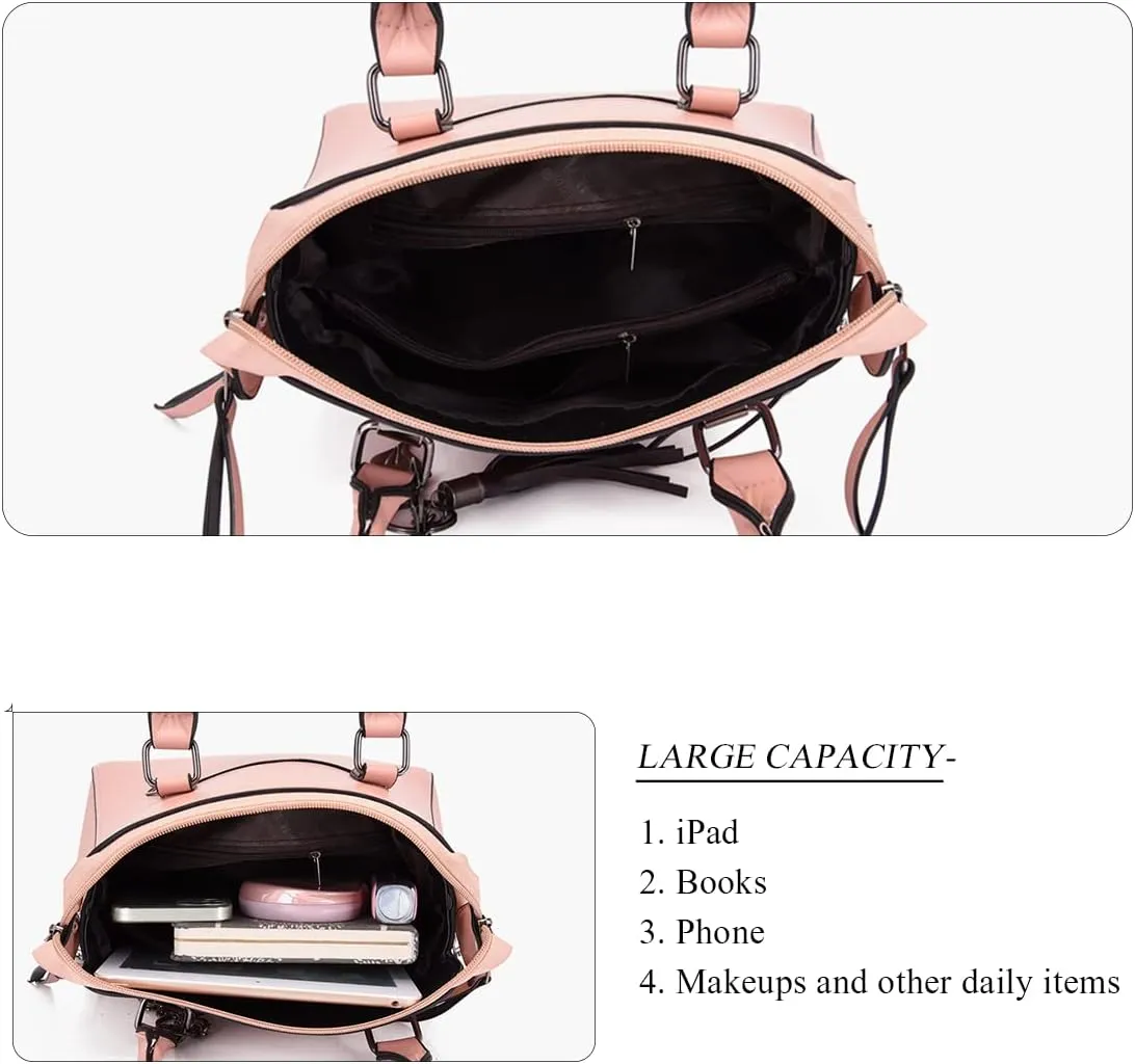 Women Handbags Purses Set 4pcs Leather Shoulder Top Handle Satchels with Pendant (Pink)