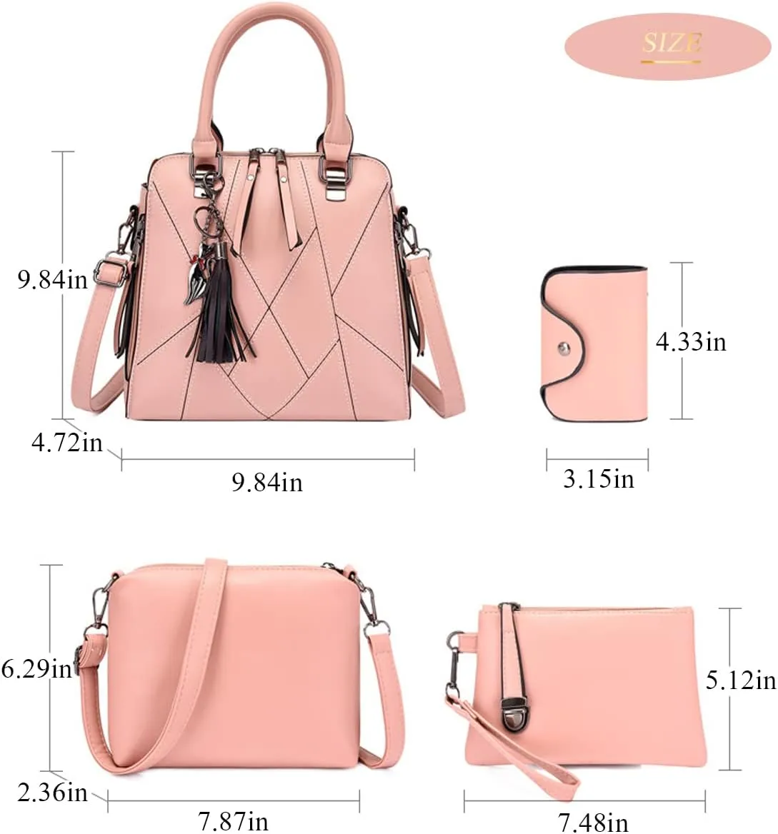 Women Handbags Purses Set 4pcs Leather Shoulder Top Handle Satchels with Pendant (Pink)